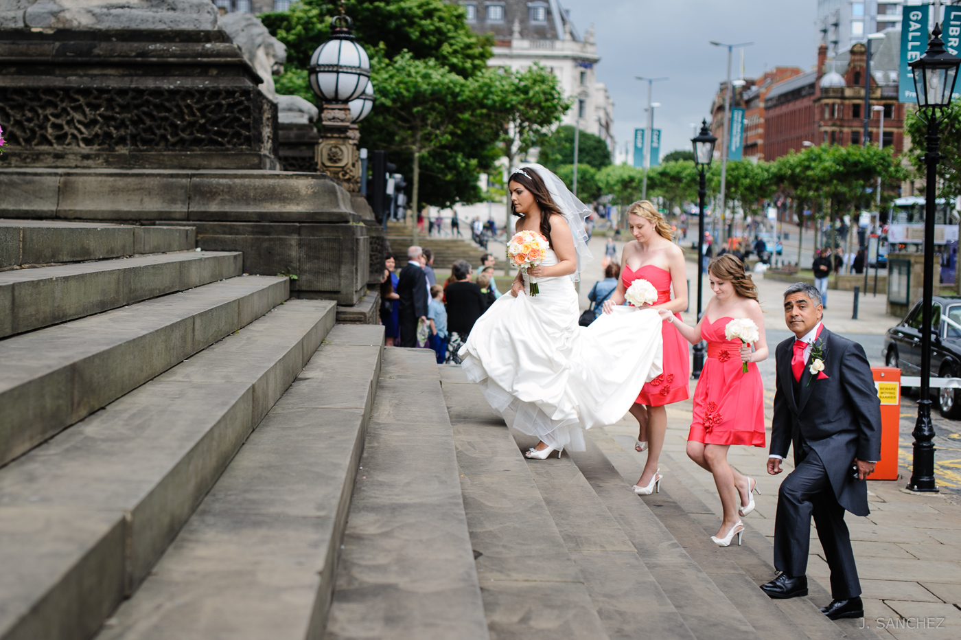 Wedding party arriving to the Leeds Town Hall.