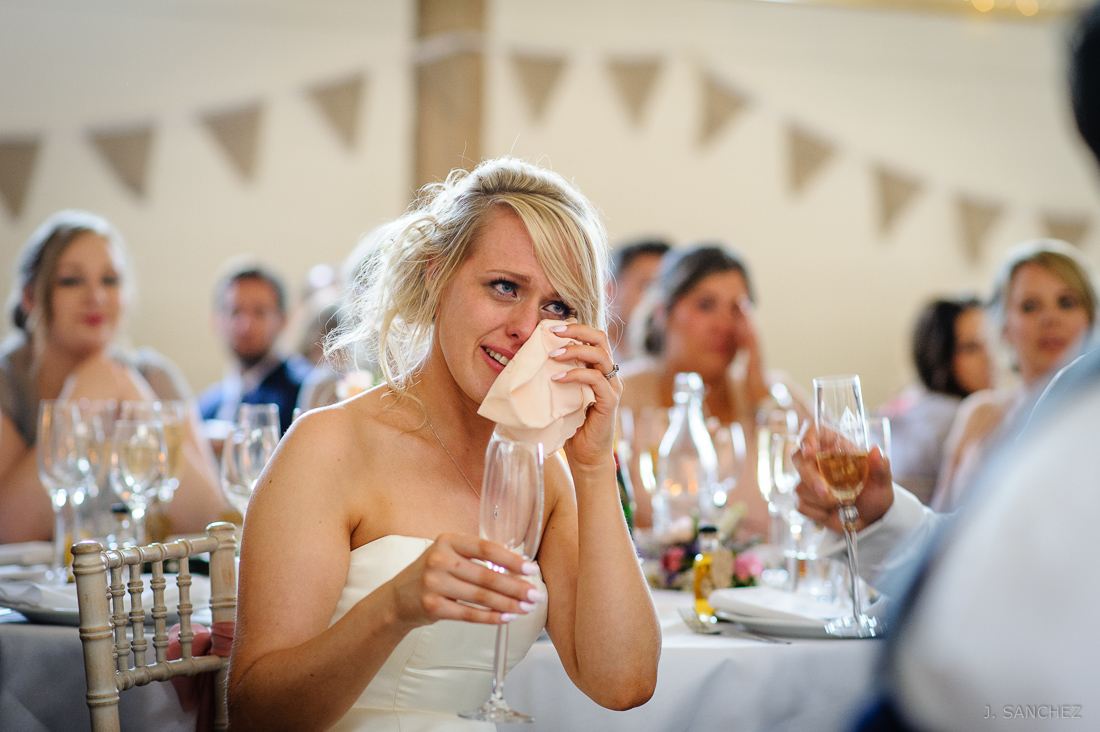 The bride crying at the wedding speeches