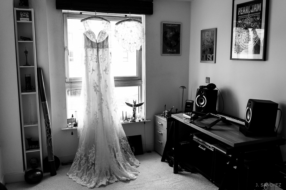Wedding dress at the bride's house