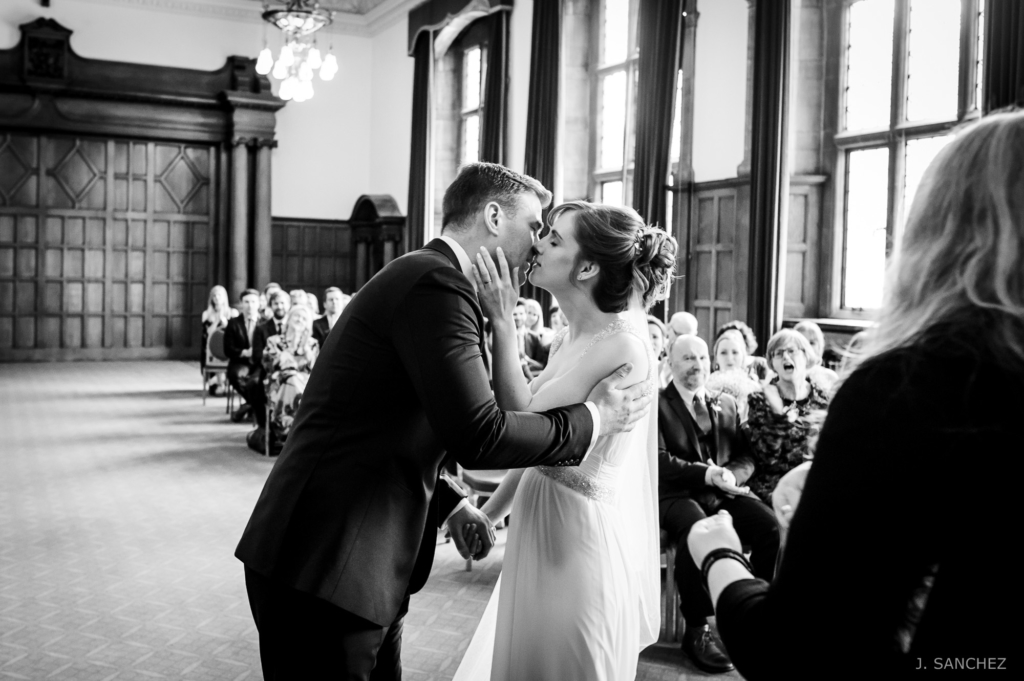 First kiss at Sheffield Town Hall Wedding